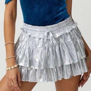 Pants Store Silver Metallic Ruffle Tie Mini Skirt